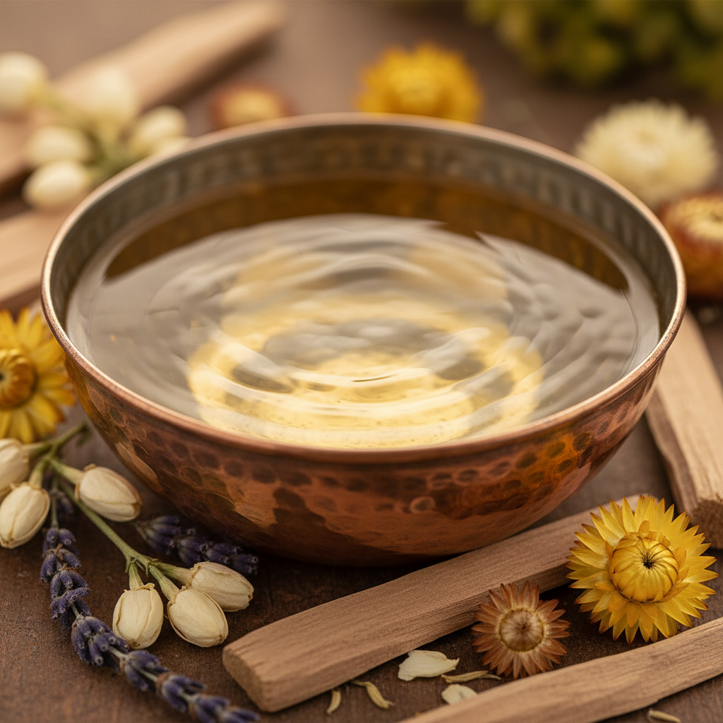 Pale golden sandalwood oil in a copper vessel with sandalwood chips and dried flowers