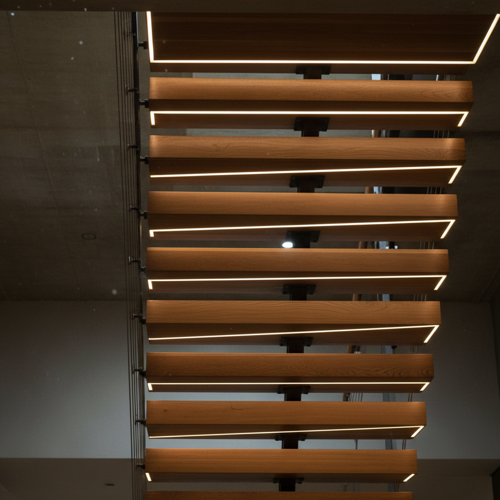 View from directly below a floating-tread hardwood staircase, looking up through open risers, wood grain lit by ambient glow tracing each cantilevered edge
