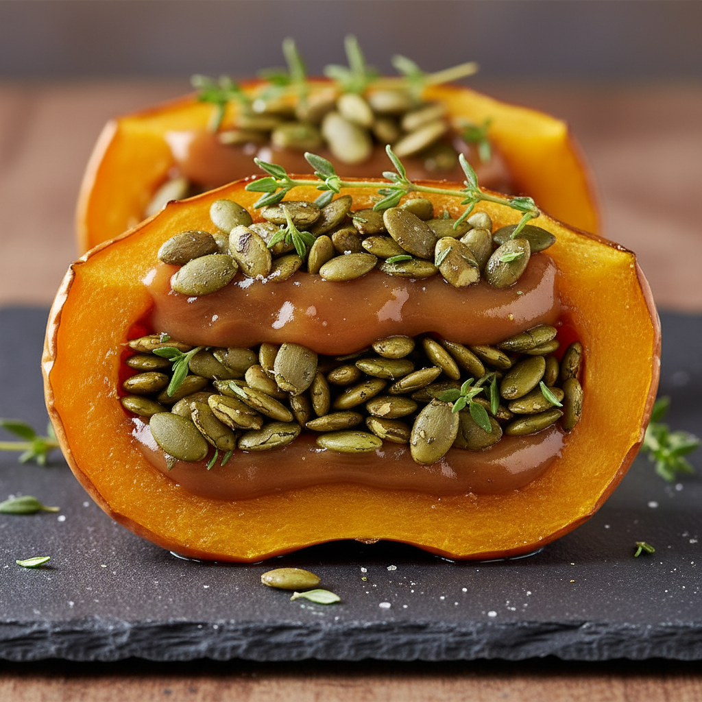 Cross-section of a stuffed delicata squash showing layers of miso caramel, pepitas, and thyme, photographed on slate