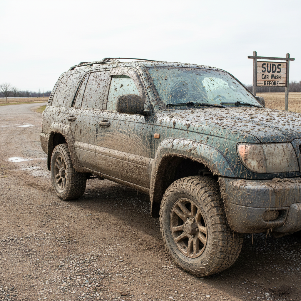 Mud-caked dirty SUV before Suds car wash treatment, covered in road grime