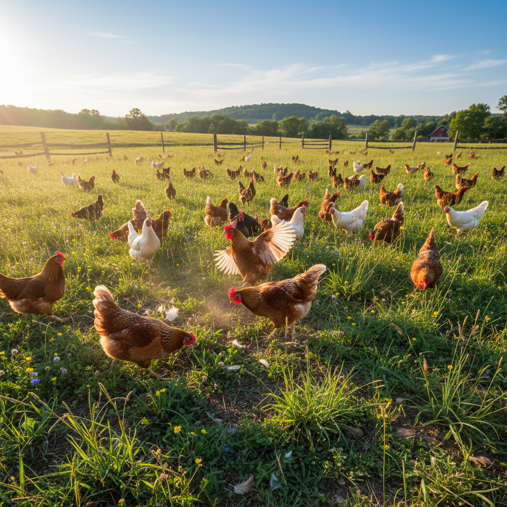 Heritage breed chickens free-ranging on dewy morning pasture beside cedar coops at golden hour