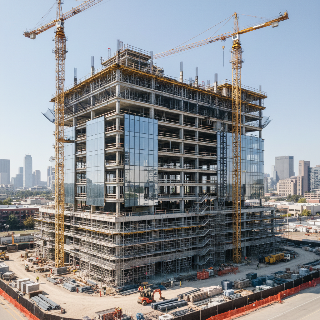 Modern commercial building under construction with steel framework and cranes, dramatic sky, large-scale commercial project