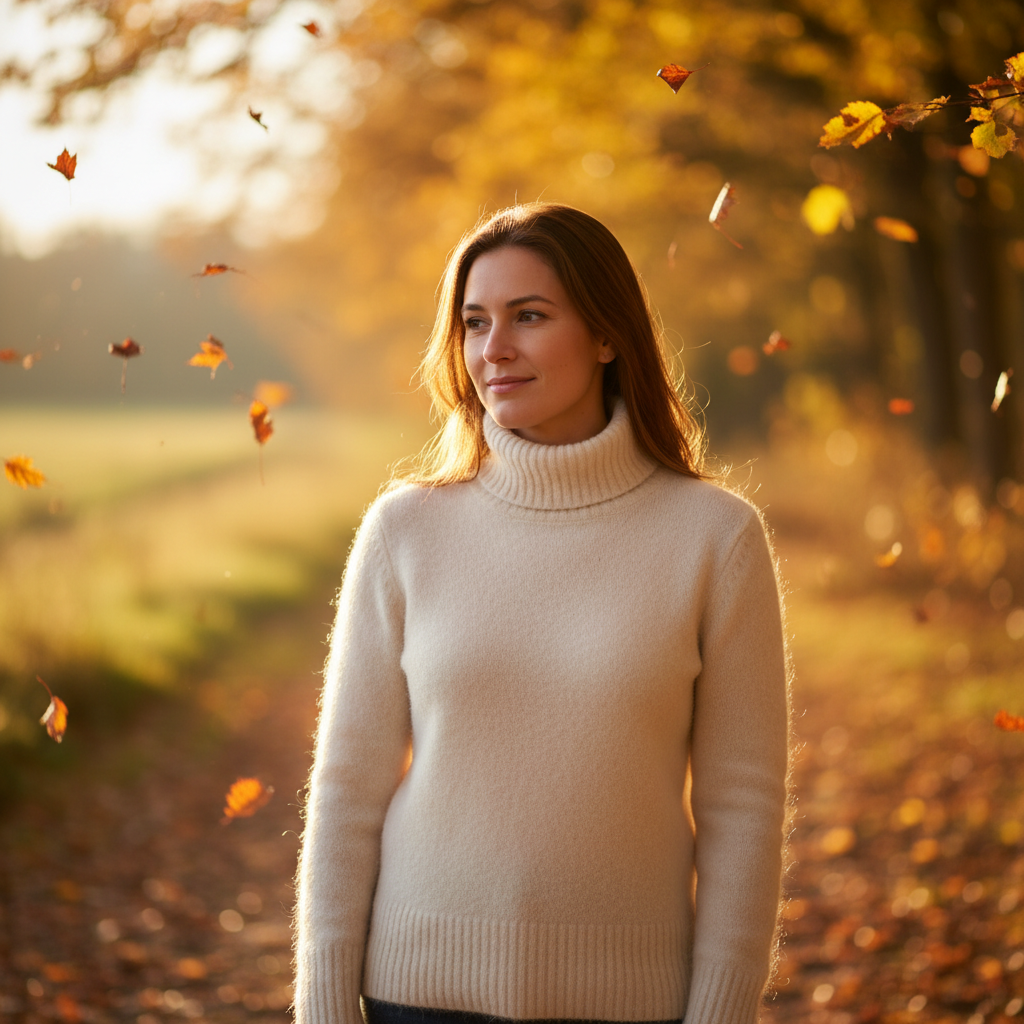 Merino turtleneck sweater in ivory, male model in studio, neutral background, bright soft light