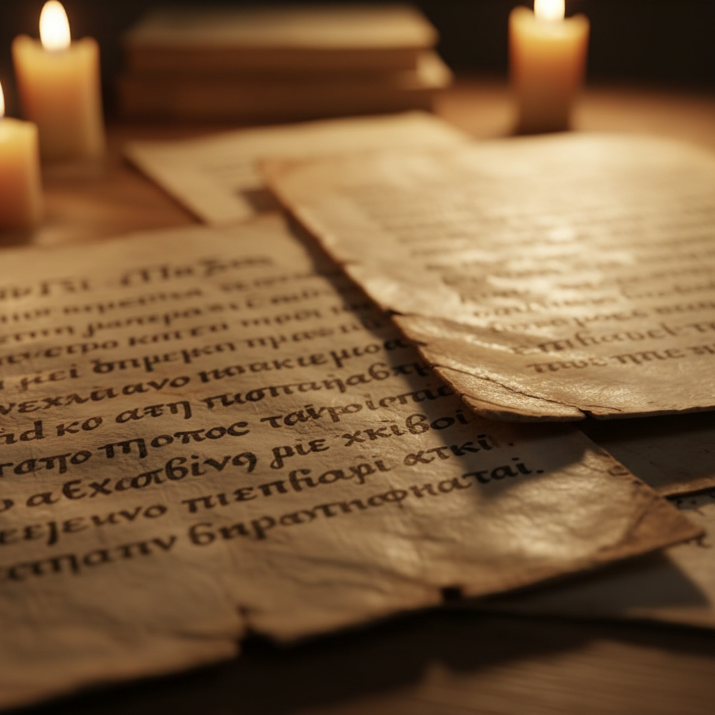 Open ancient manuscript with handwritten script, warm candlelight, dark scholarly setting