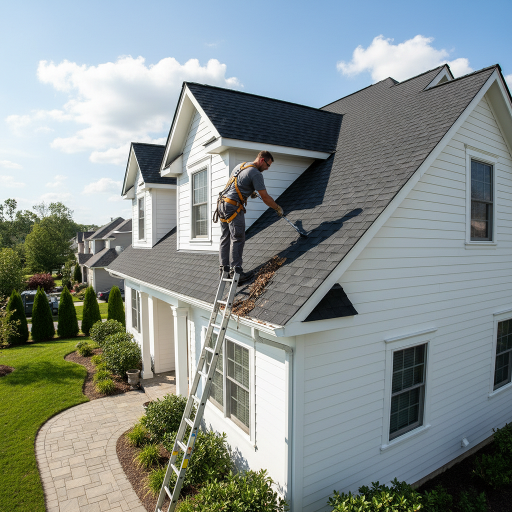 Professional gutter cleaning contractor on ladder, bright daylight, clean suburban house exterior, well-lit environment