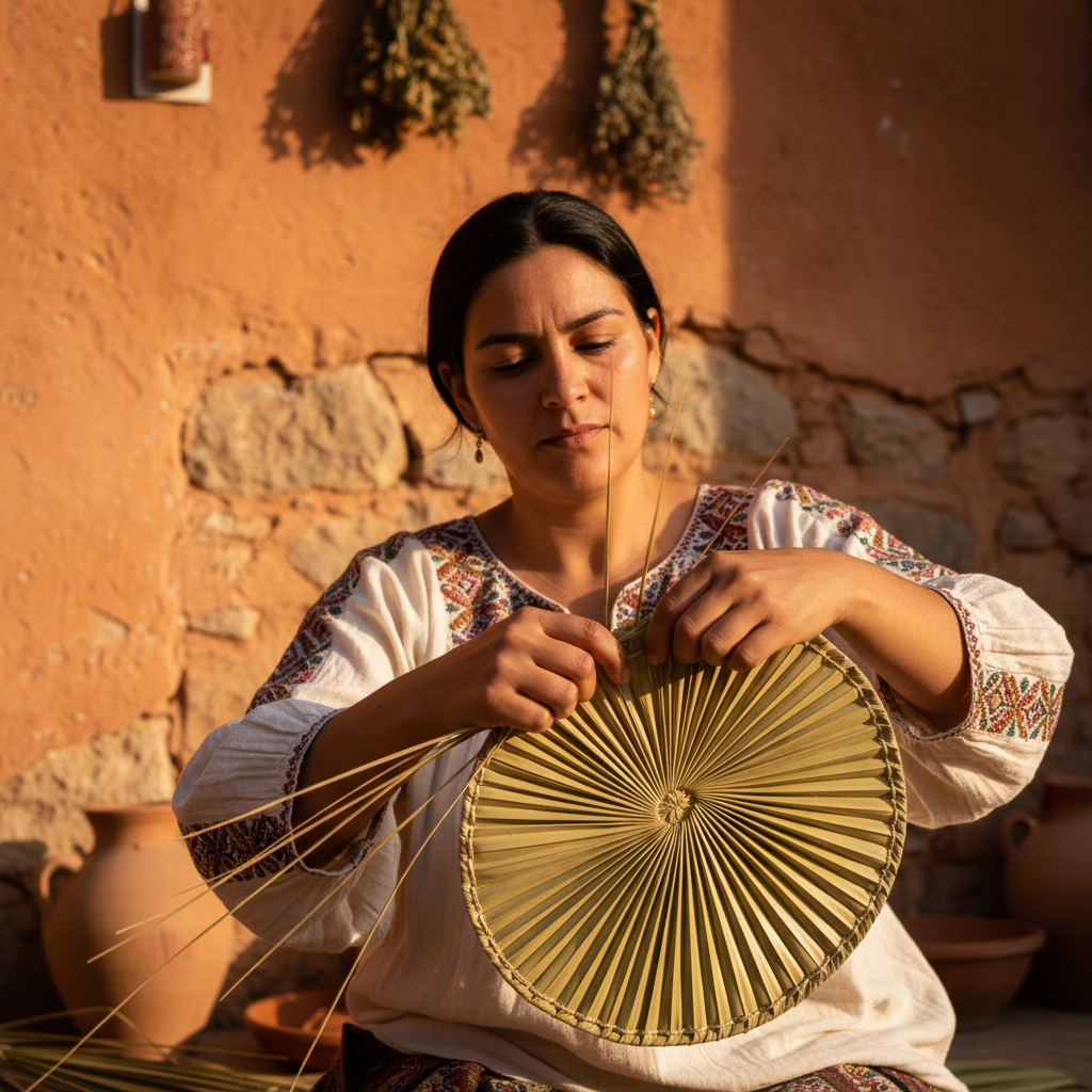 Woman weaving a palm fan by hand at an outdoor desert market stall with terracotta walls behind her