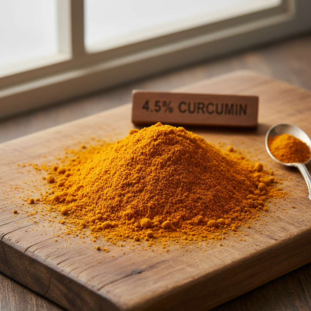 Bright orange mango powder in a small bowl with a wooden spoon on a white surface