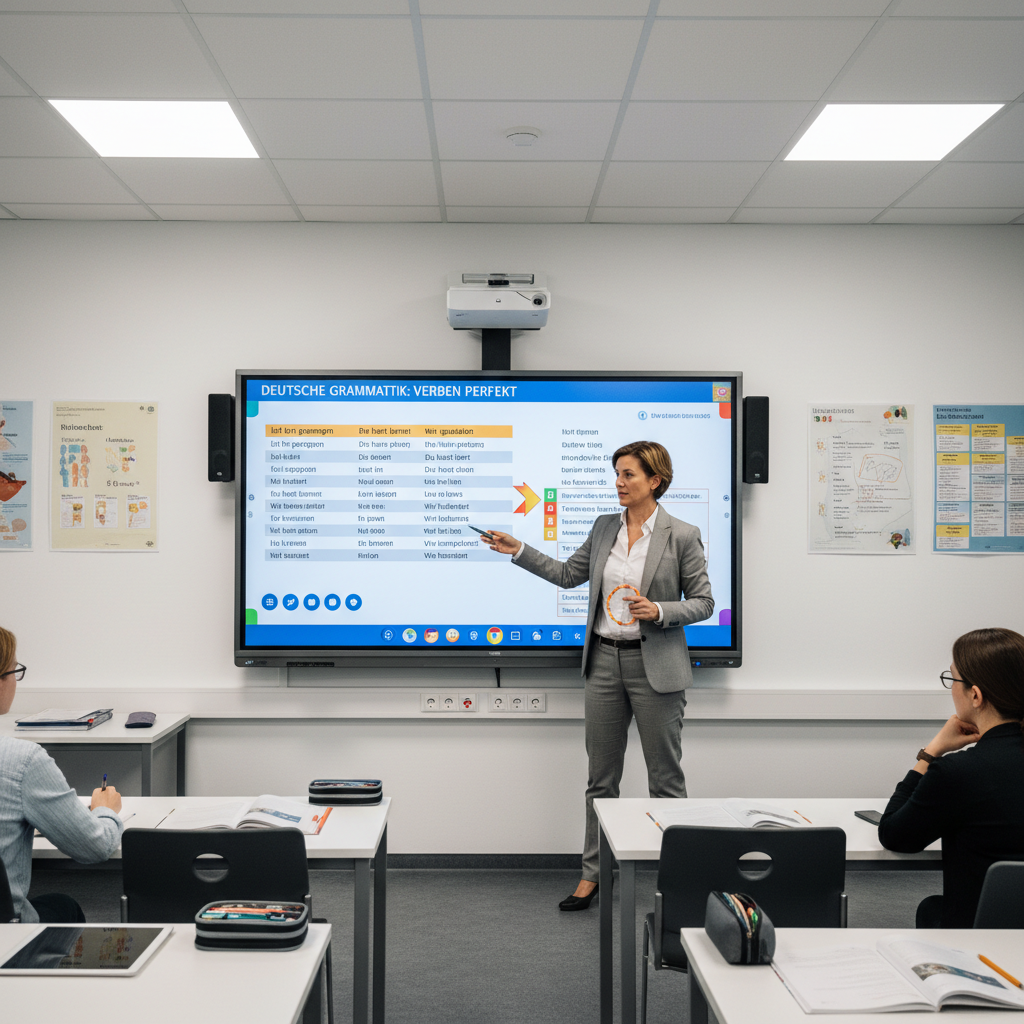 German language class with instructor teaching grammar on interactive digital board