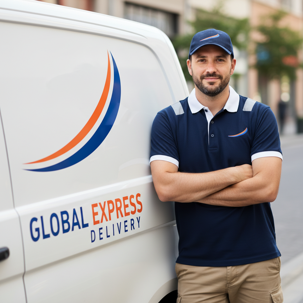 Delivery driver in uniform leaning against a branded delivery van, arms crossed, looking directly at the camera with quiet confidence