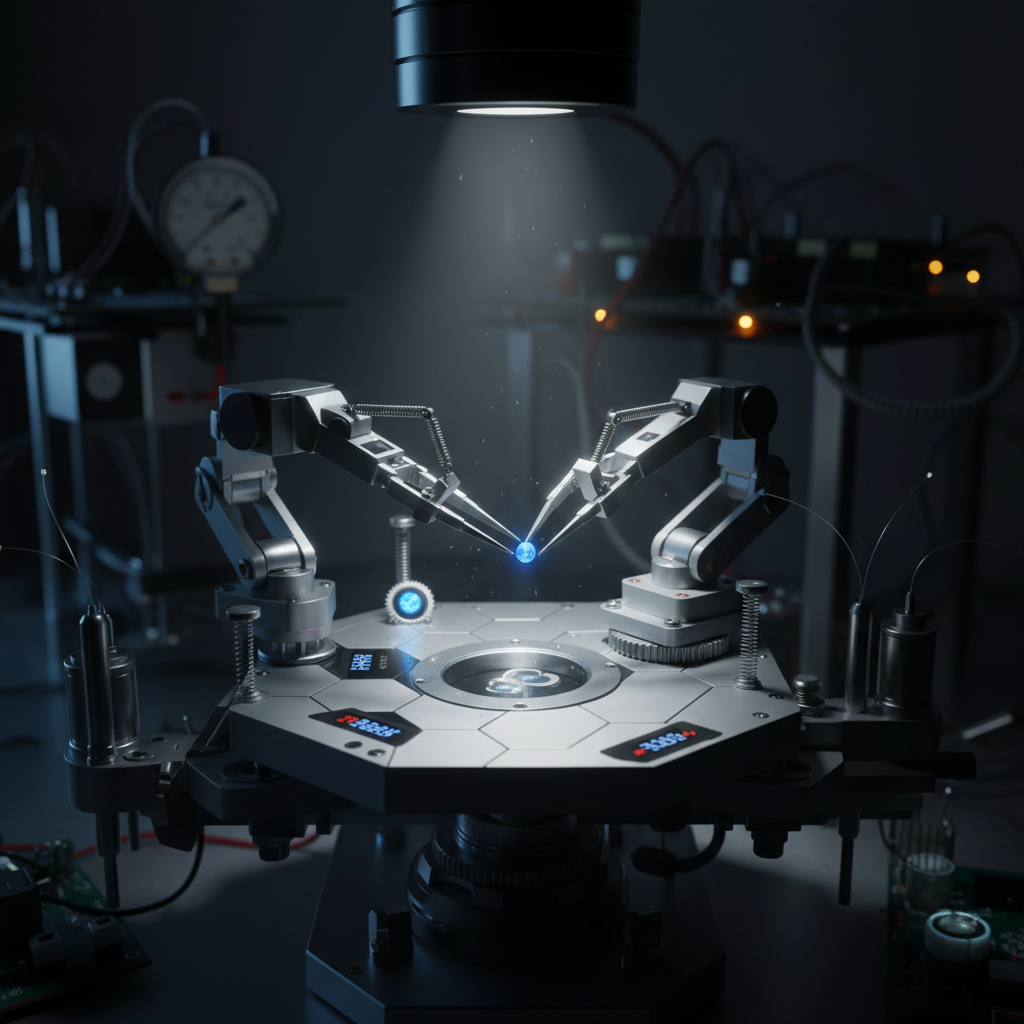 Close-up of laboratory equipment in chiaroscuro lighting showing precision instruments used in nanorobotics research