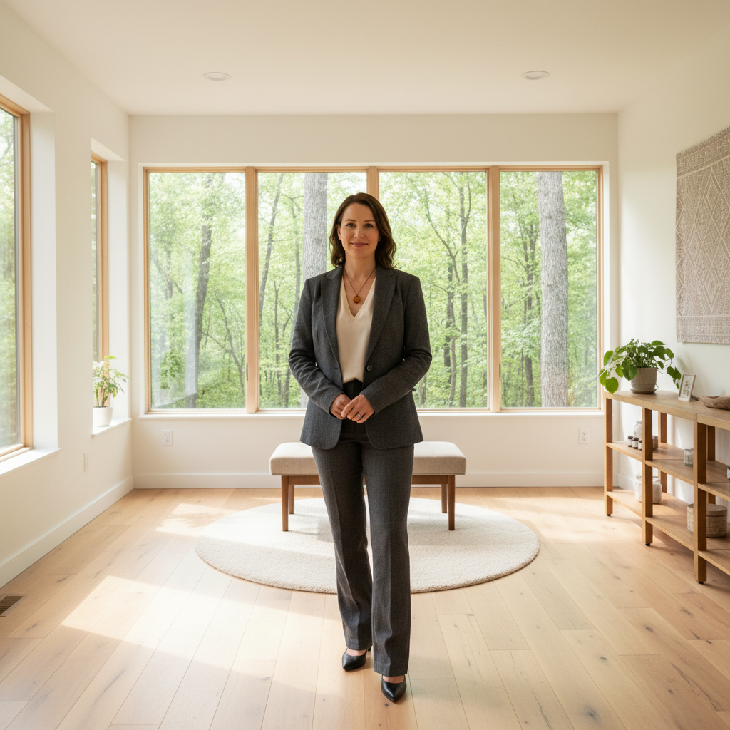 Saoirse Callahan, lead practitioner, standing in a sunlit treatment room with forest view