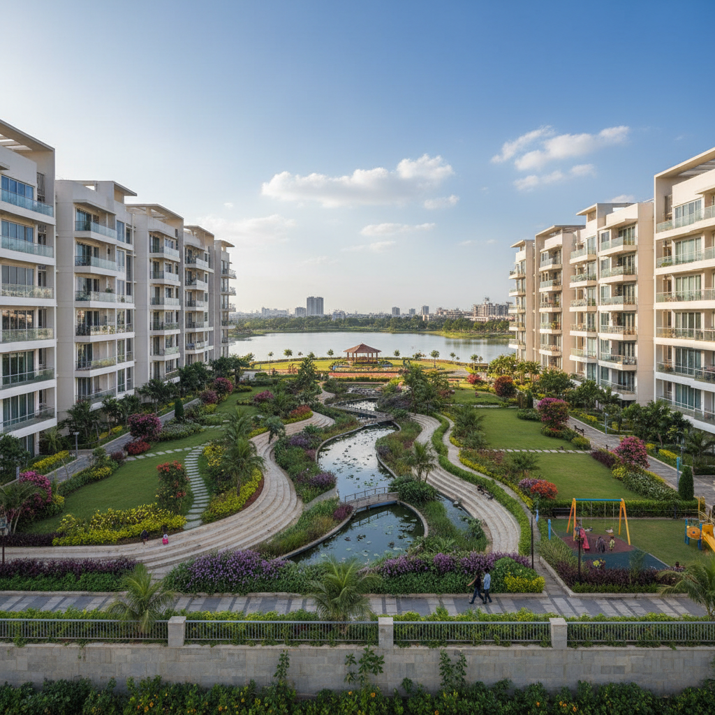 Brigade Lakefront apartment complex with landscaped gardens in Whitefield Bengaluru