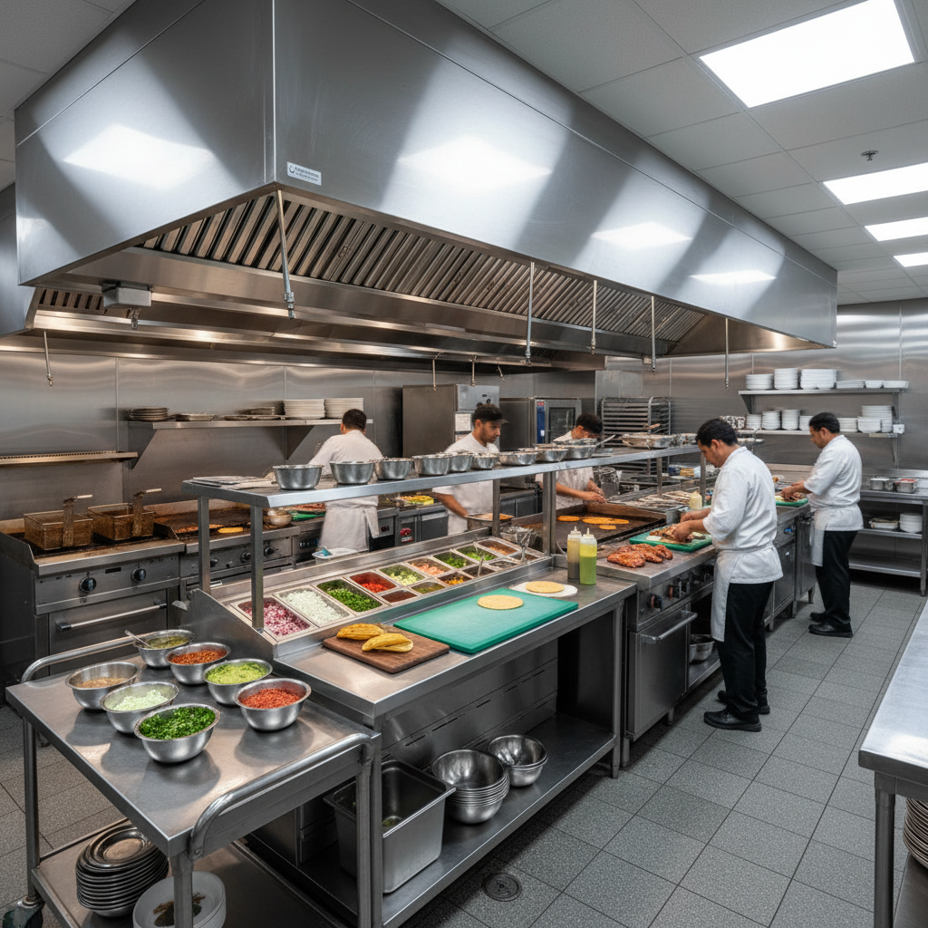 Commercial kitchen with gleaming ventilation hood and stainless steel prep surfaces in a fast-casual Mexican restaurant