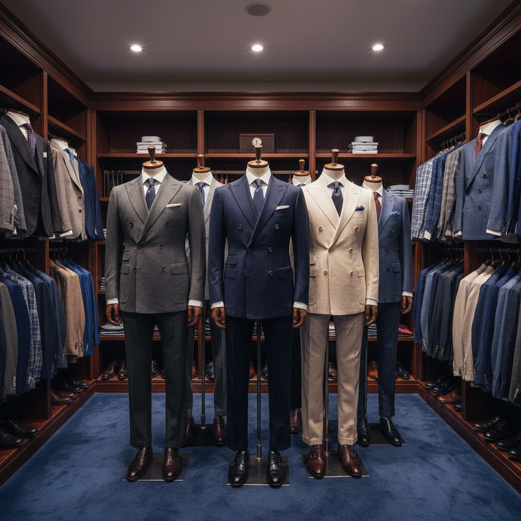 Luxury men's fashion boutique interior with Italian suits on display