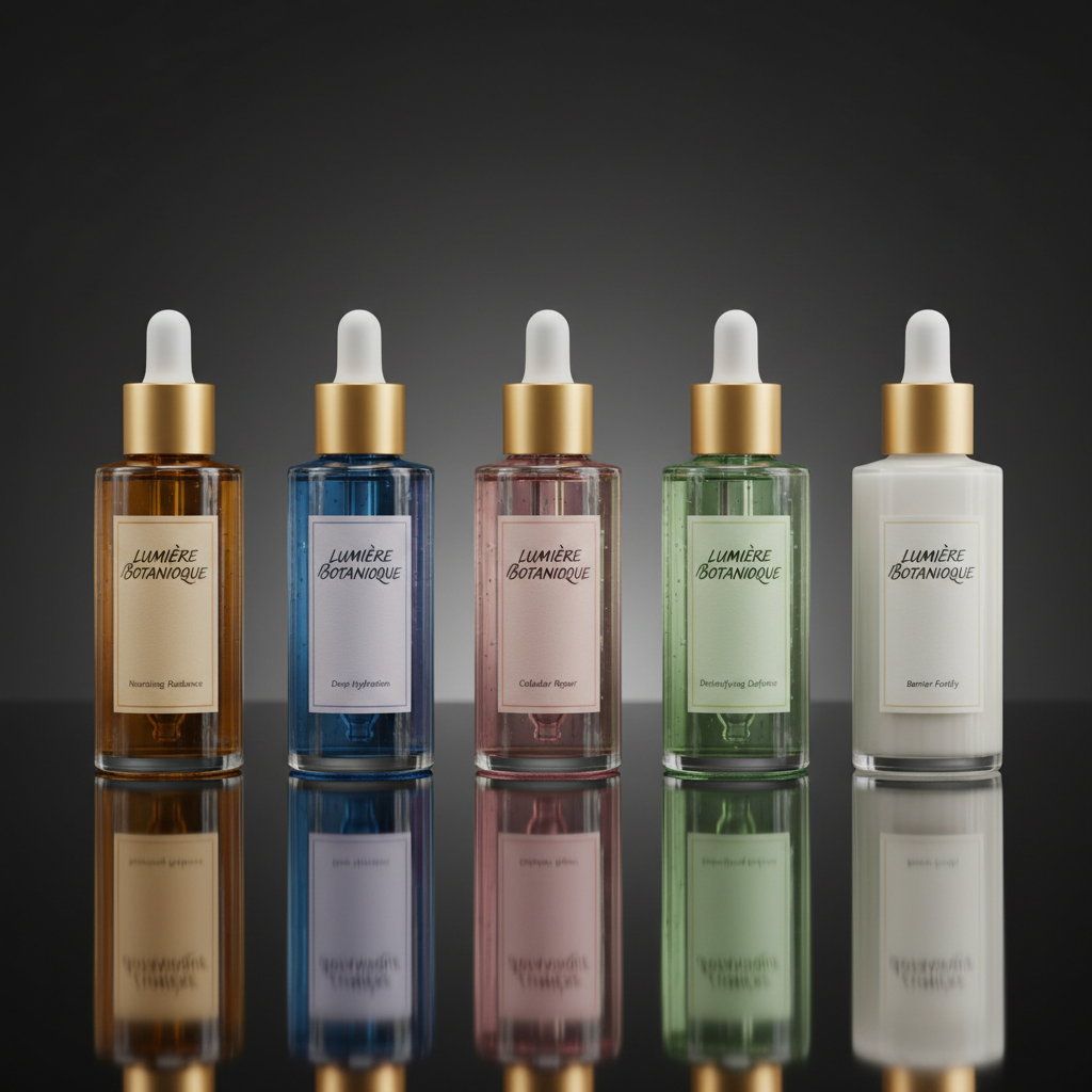 Dark luxury skincare bottles on black marble surface, moody atmospheric lighting, deep shadows