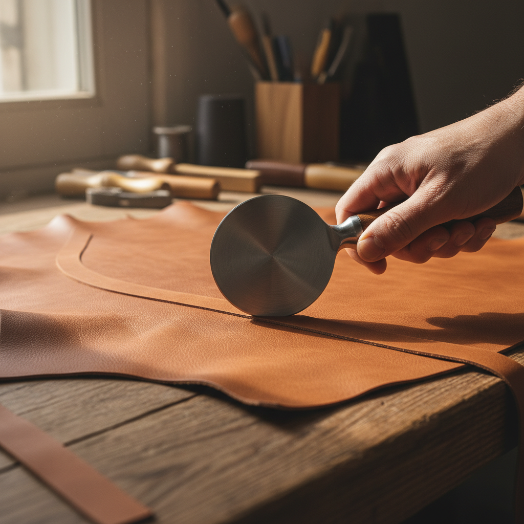 Leather artisan cutting full-grain leather with a sharp knife on a wooden cutting board, natural light workshop
