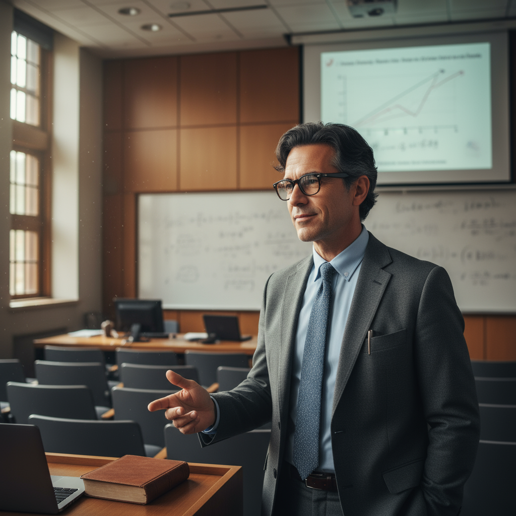 Asian male professor in glasses and brown jacket standing in university library