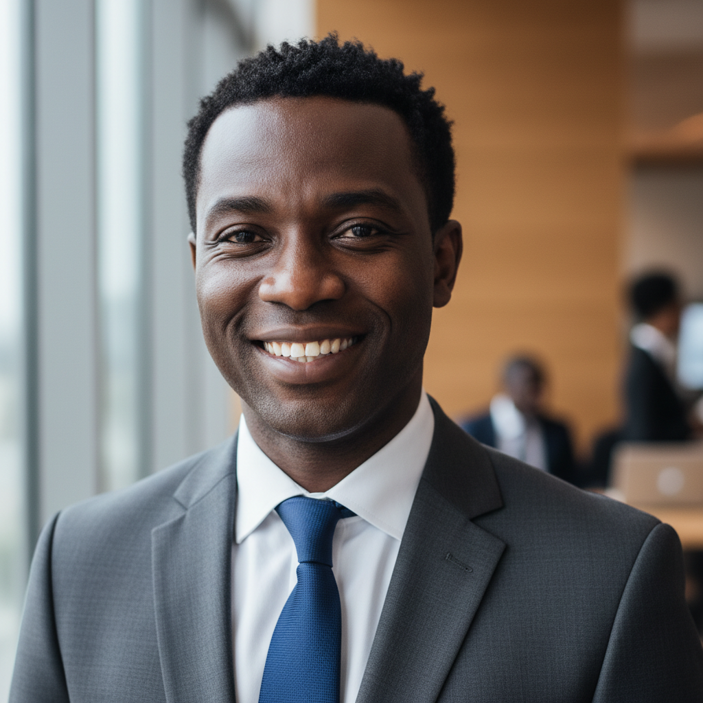 Young professional Ghanaian man smiling in casual business attire