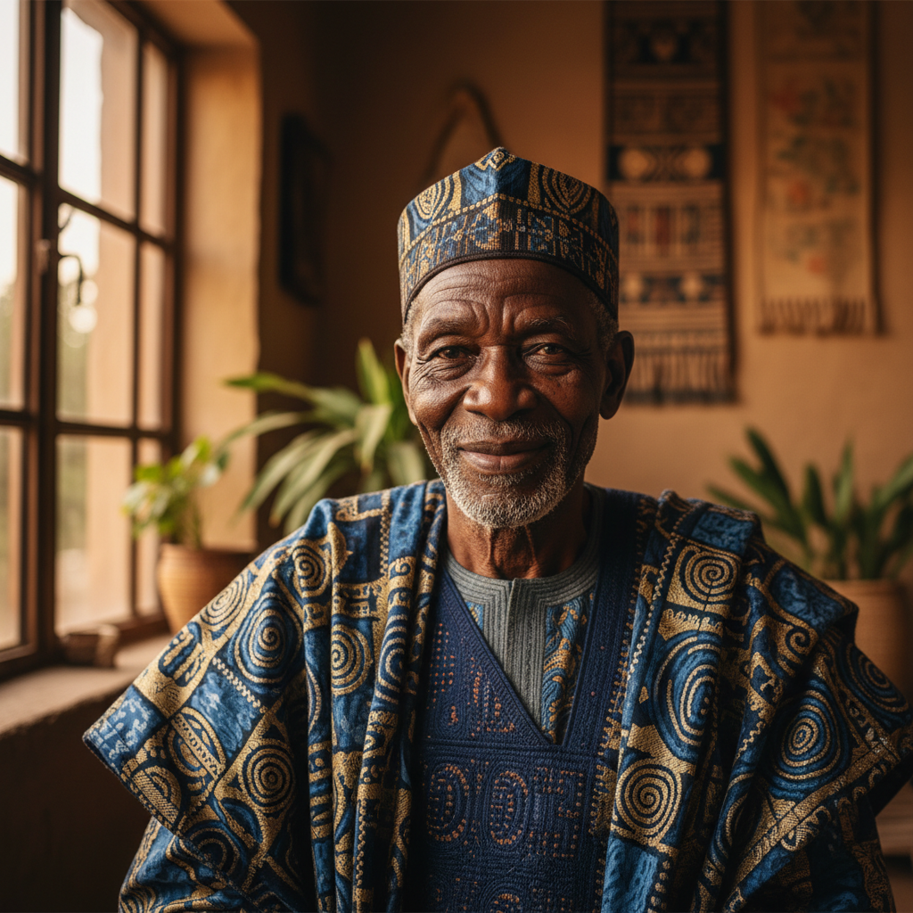 Portrait of an elderly man with a kind expression and traditional West African clothing
