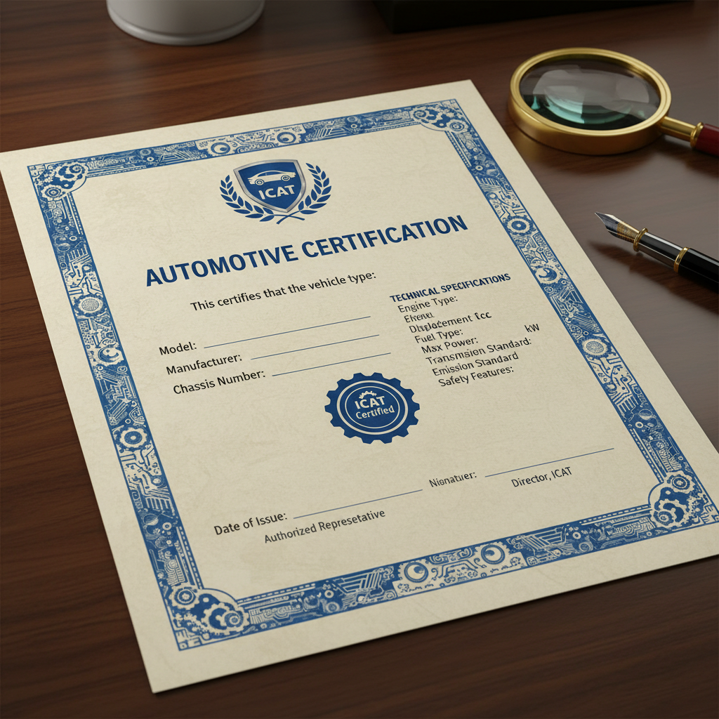 ICAT automotive certification certificate with blue border and technical specifications