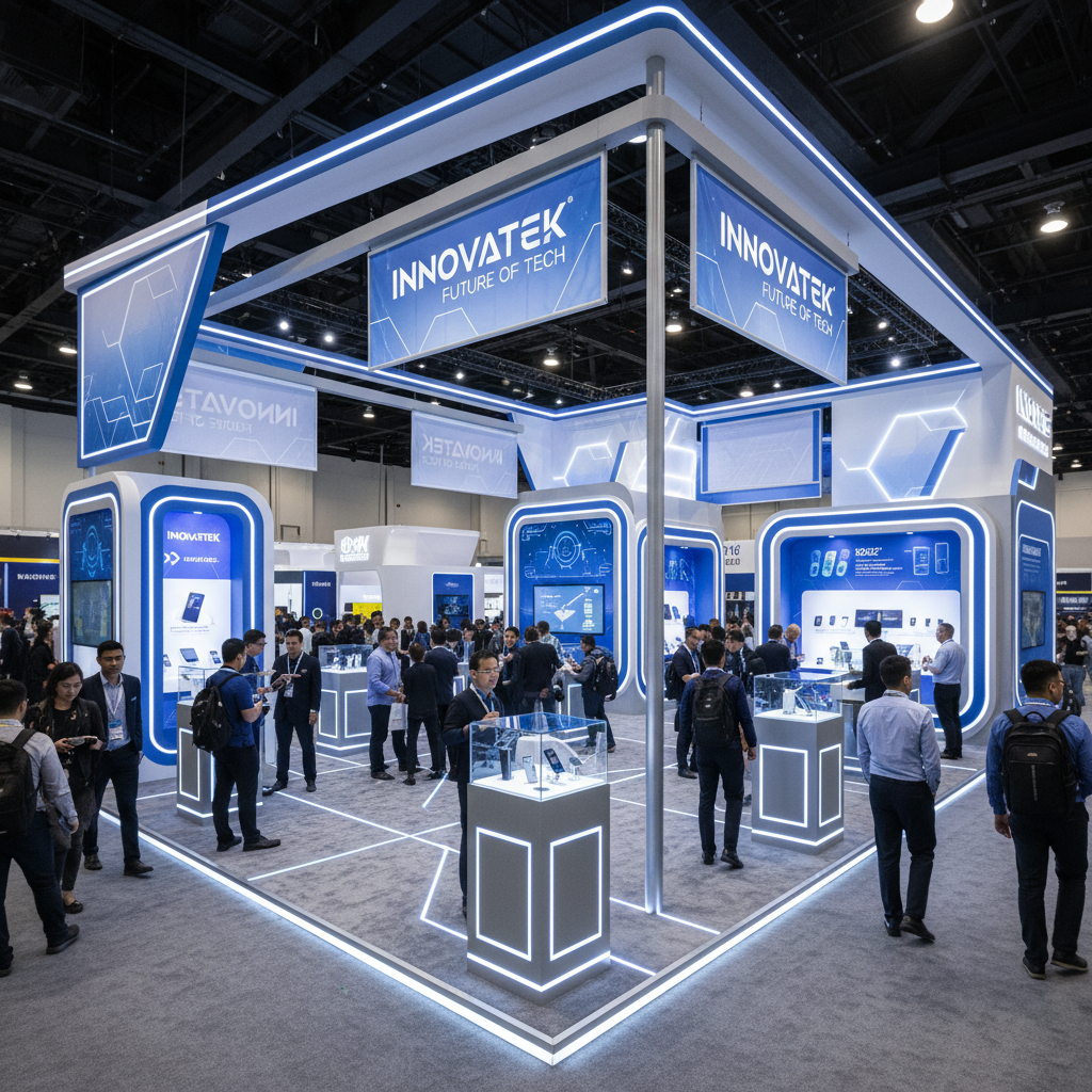 Custom-fabricated exhibition stall with LED lighting, branded panels, product display areas, and visitors exploring at auto expo