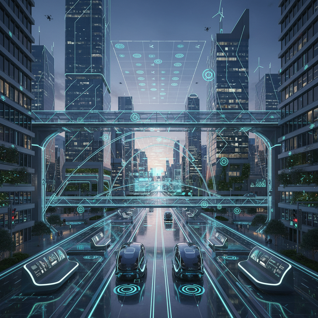 Futuristic autonomous electric vehicle on a smart highway at night with glowing road markings, concept of future mobility