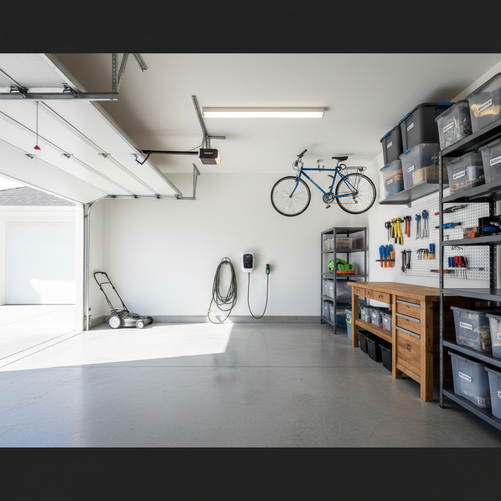 Lawn mower stored in a clean garage with tools on the wall