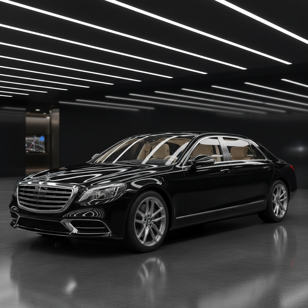 Showroom-perfect sedan exterior after full detail, gleaming paint and spotless windows in bright light