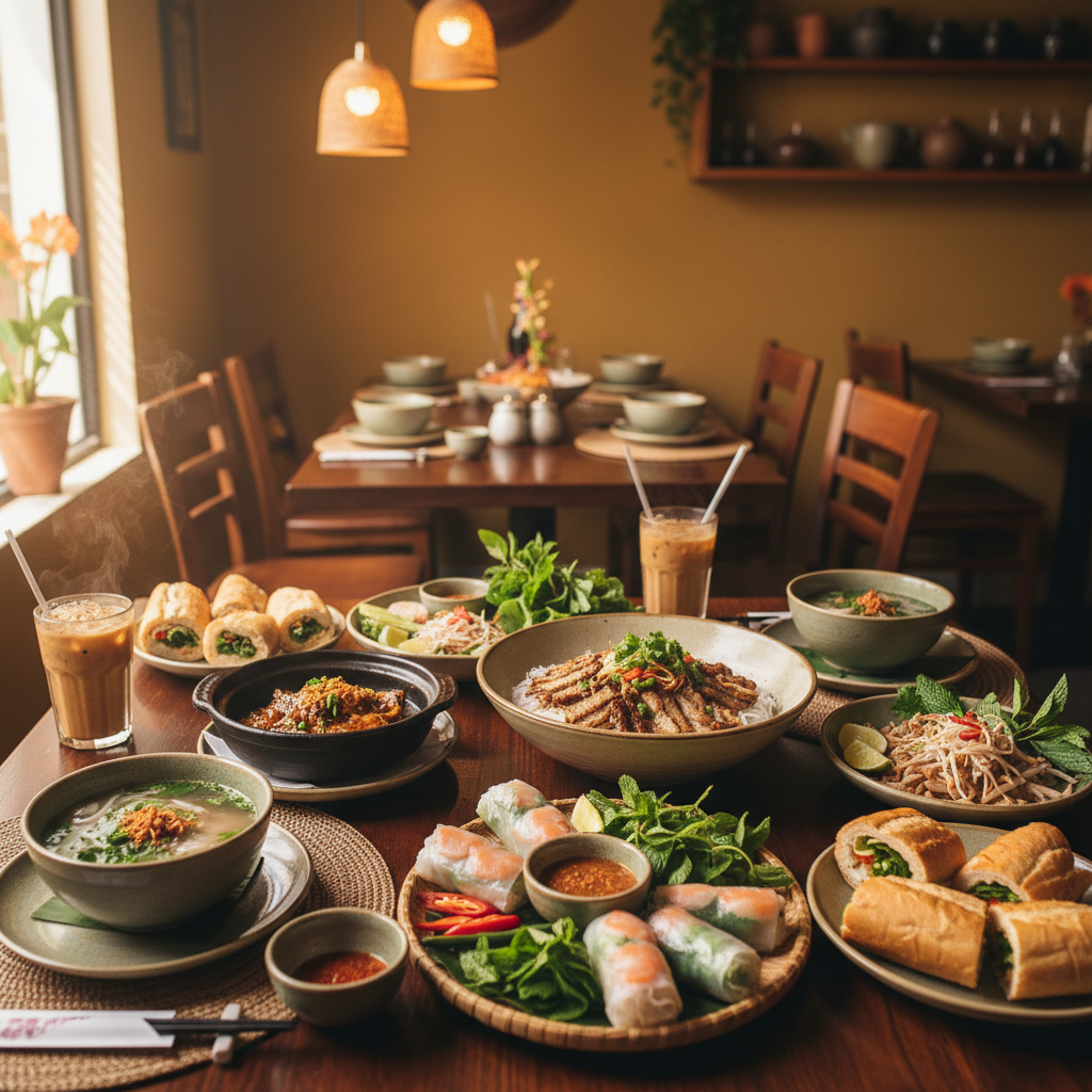 Intimate restaurant-style table setting with Vietnamese food and warm lighting at supper club