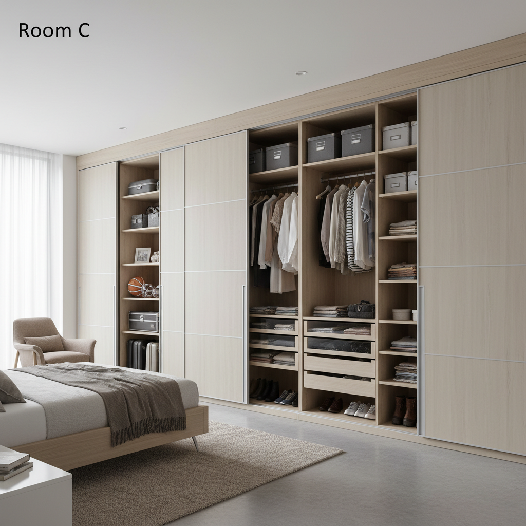 Chambre à coucher complète avec armoire encastrée en bois de chêne et tête de lit capitonnée