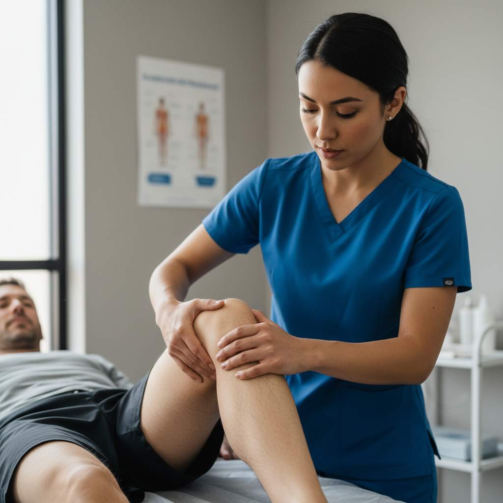 Physical therapist performing hands-on manual therapy on patient's knee