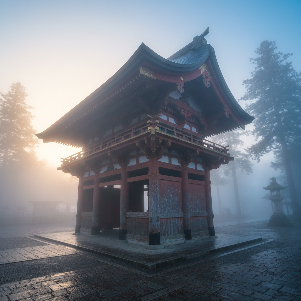 Ancient Kyoto temple gate shrouded in morning mist