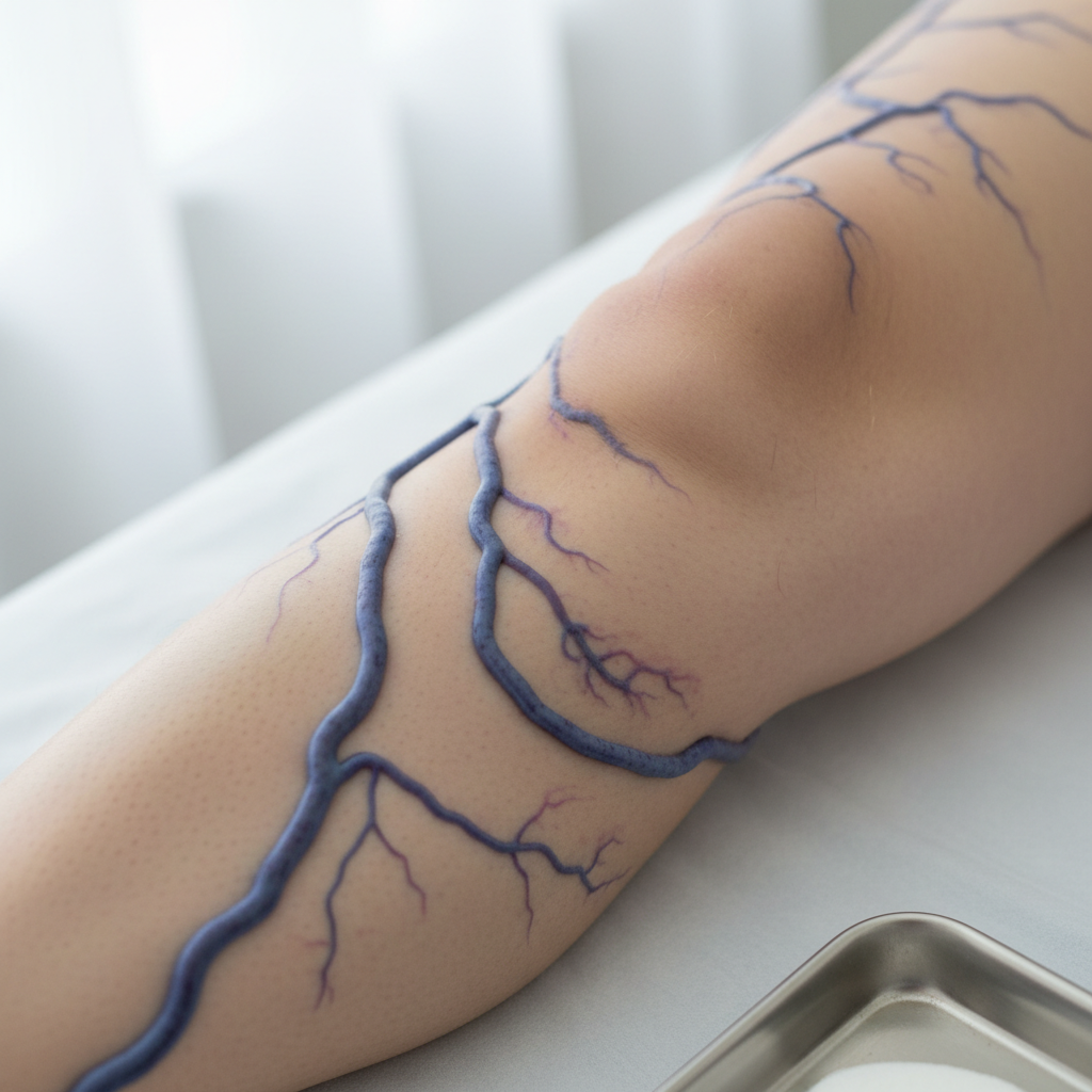 Patient leg before varicose vein treatment showing visible veins