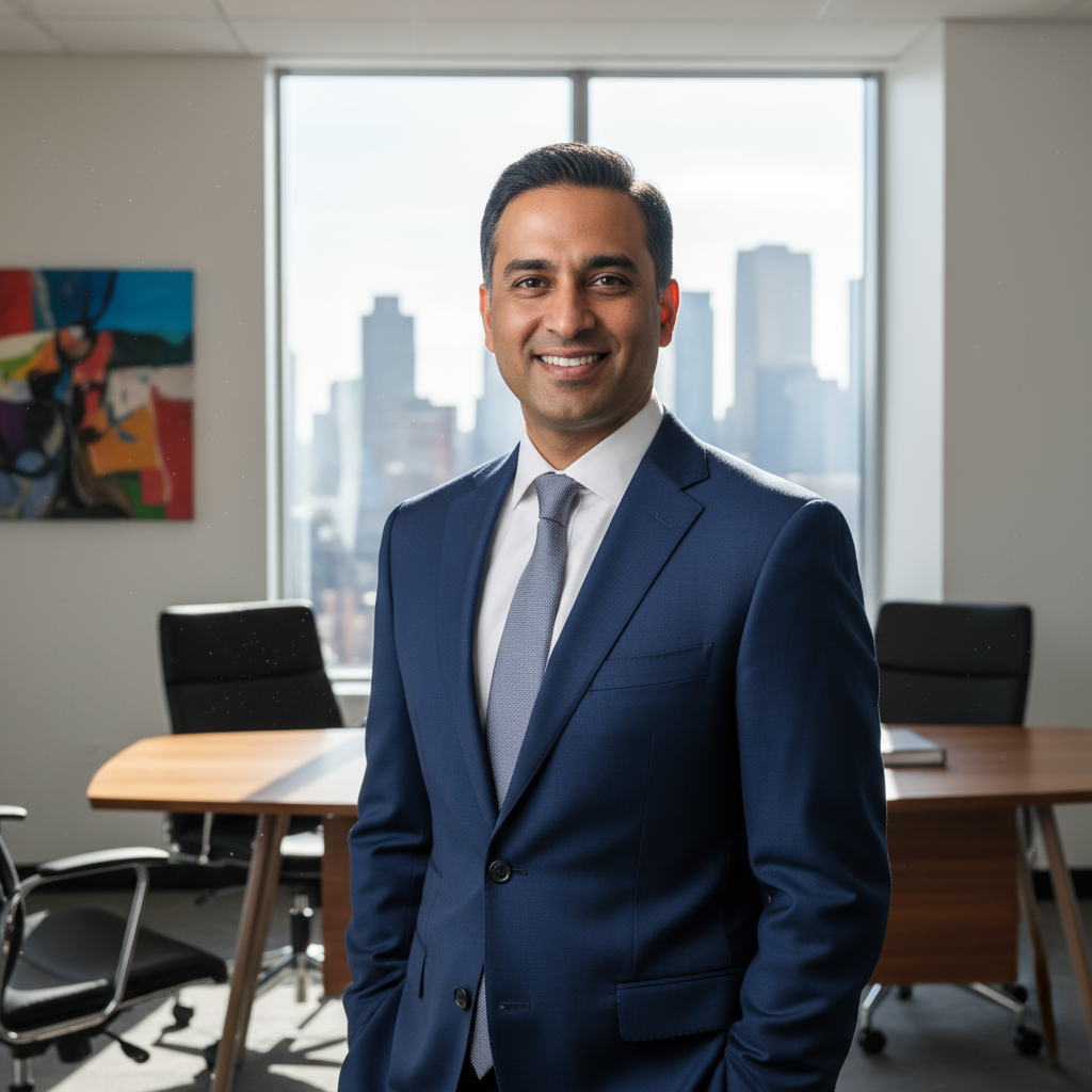 Professional Indian man in navy blue suit with confident smile in modern office