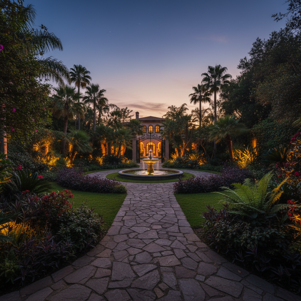 Grand villa exterior at dusk with warm golden lighting and deep shadow-cast gardens