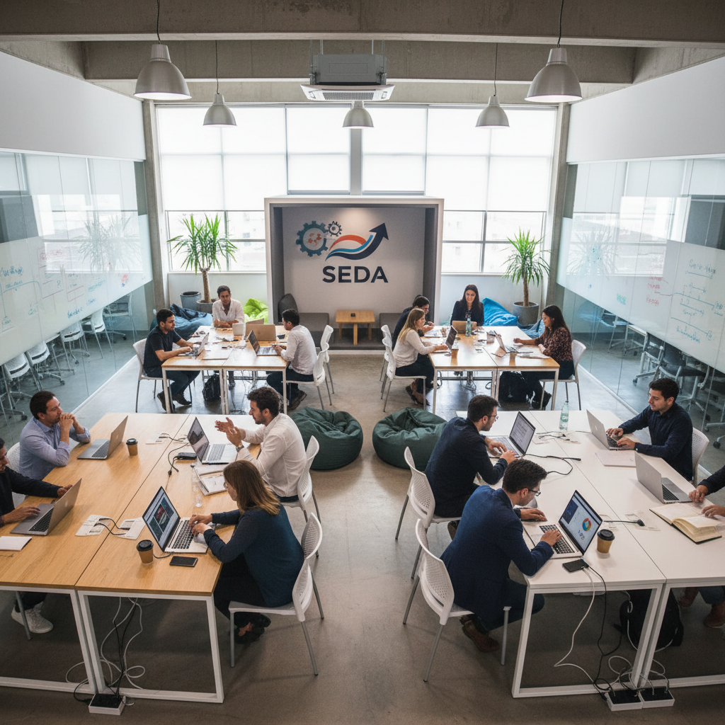 Business incubator space with entrepreneurs working representing SEDA partnership
