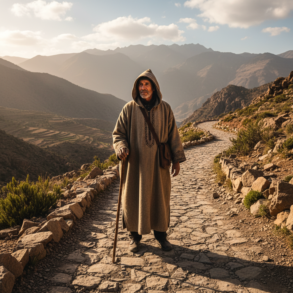 Youssef Benali, Berber desert guide, wearing traditional blue robes in Sahara landscape