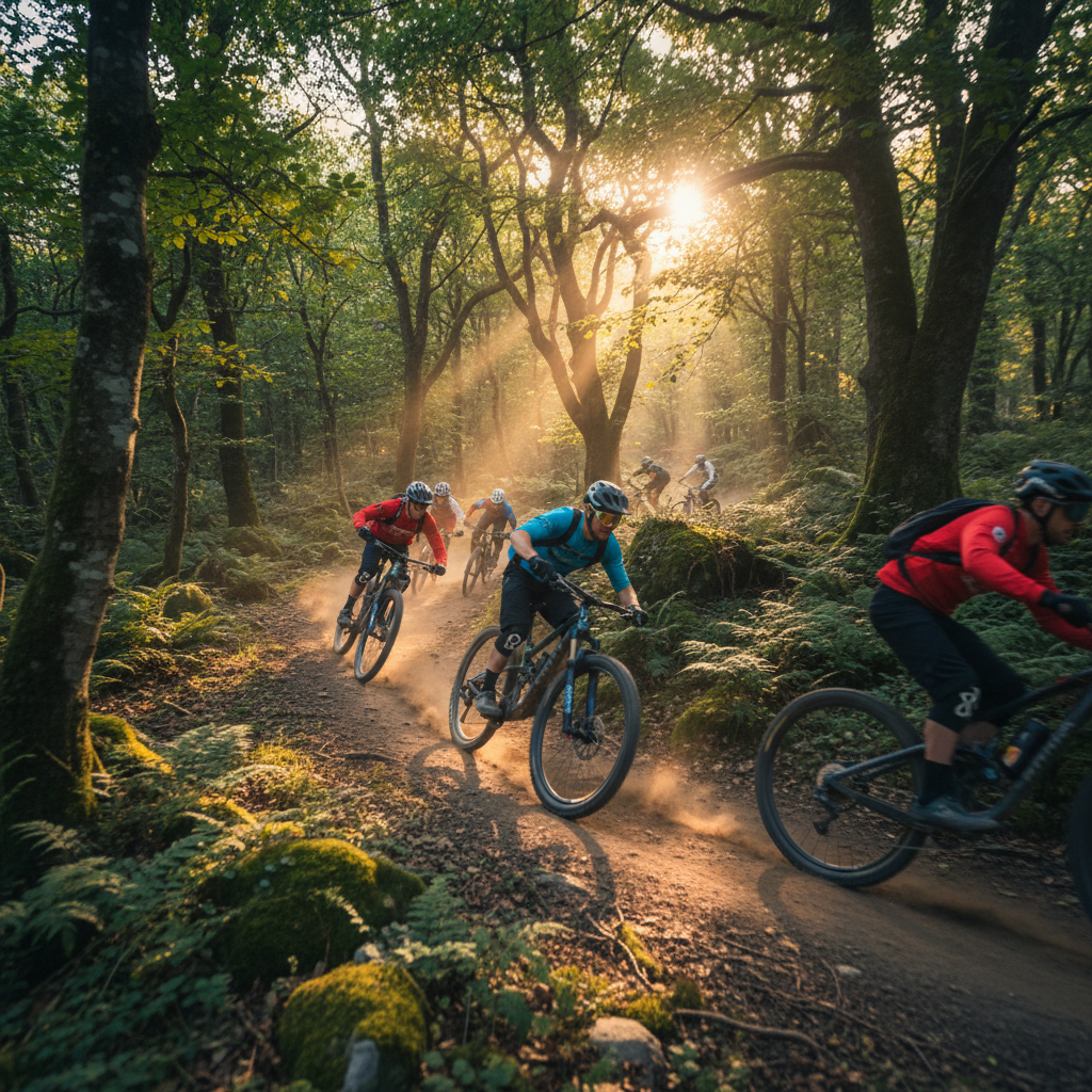 2025 season highlight reel still frame showing pack of mountain bikers racing through forest trail at golden hour