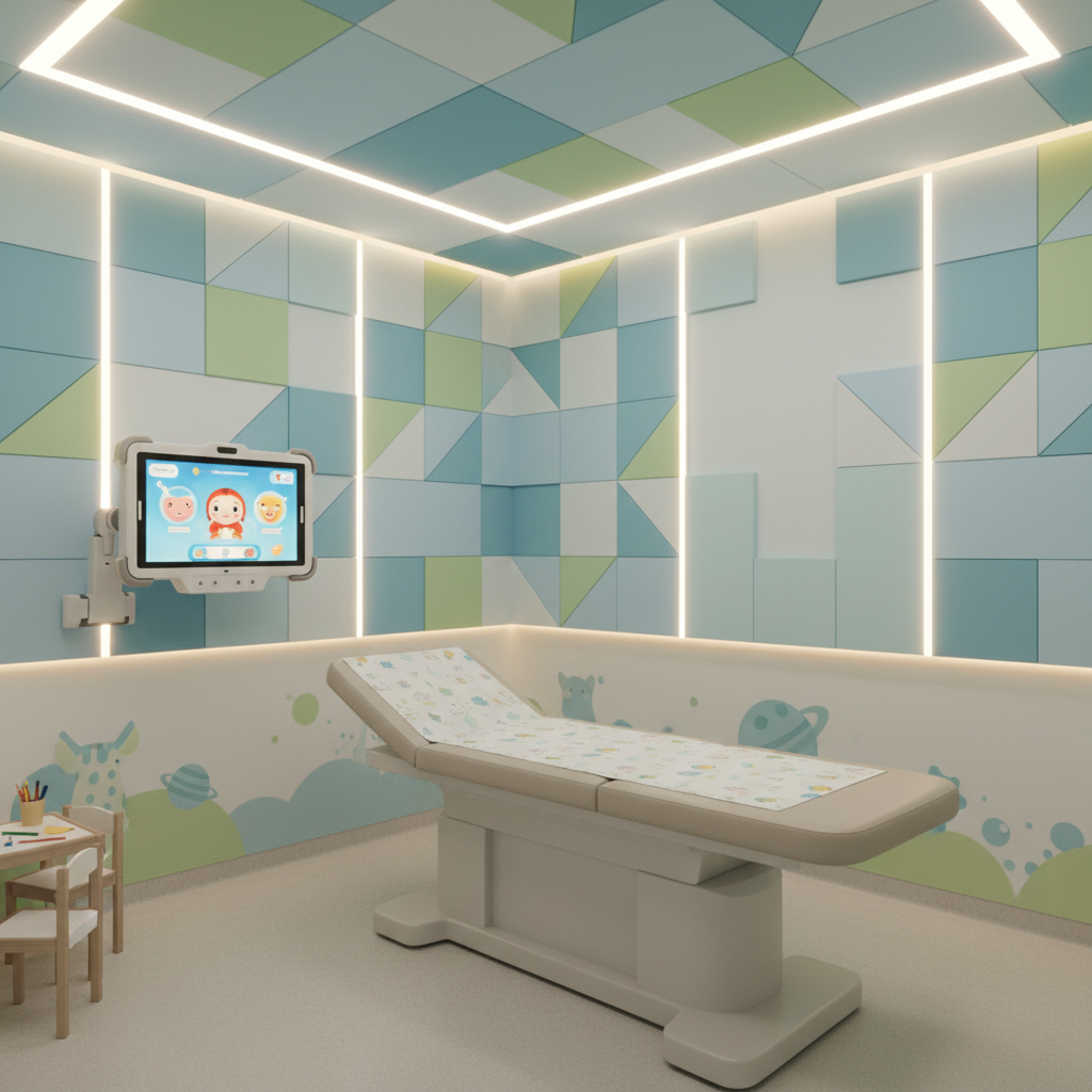 Ultrasound machine with bright display screen in a clean examination room with white walls