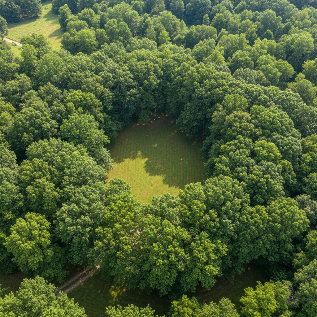 Aerial view of a wooded half-acre lot with dense tree coverage and a small clearing for home placement