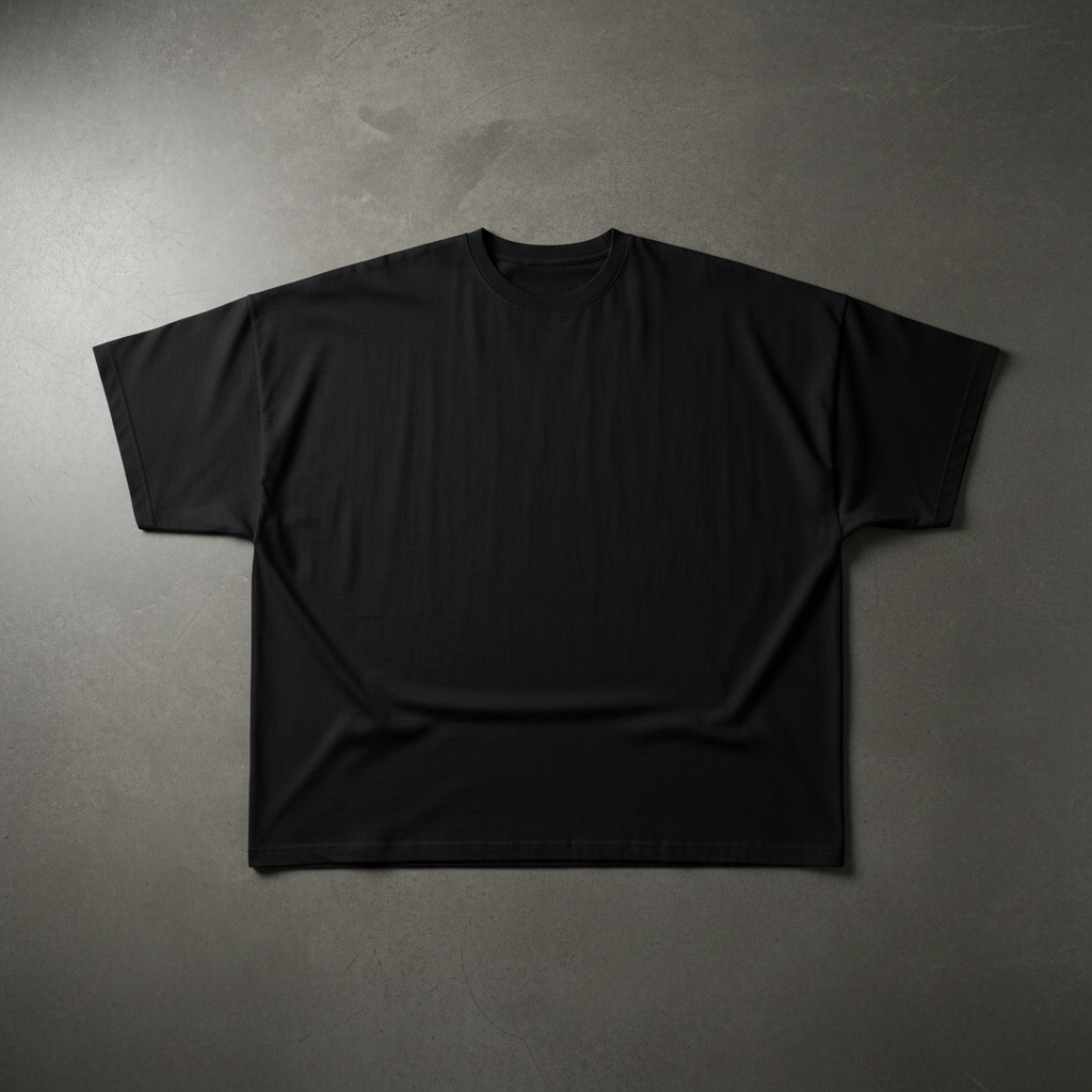 Black oversized t-shirt on dark studio background, product shot, moody lighting
