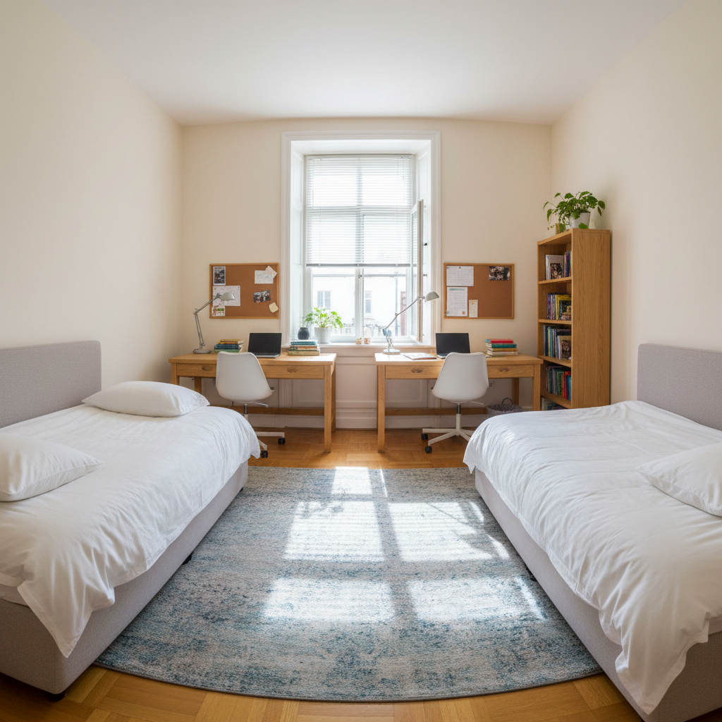 Shared room with three single beds and clean white walls