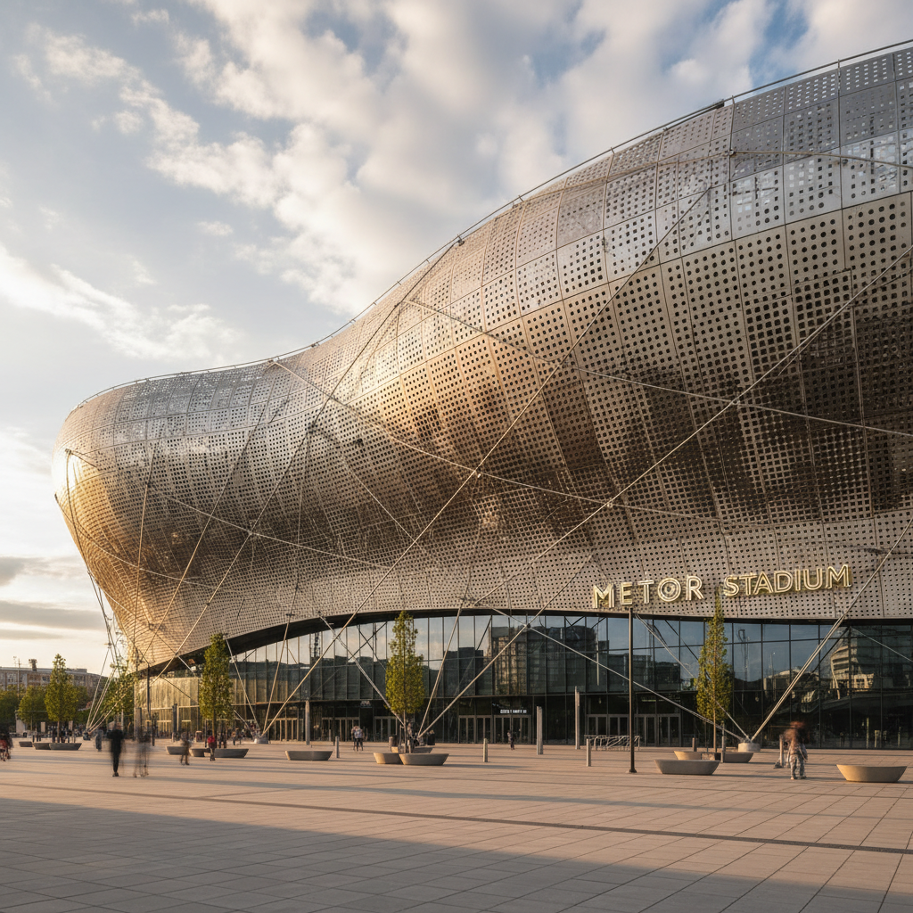 Exterior elevation of stadium facade showing perforated steel cladding and tension cable system