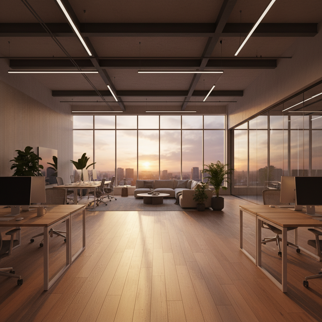 Sunlit open-plan floor with floor-to-ceiling windows at golden hour