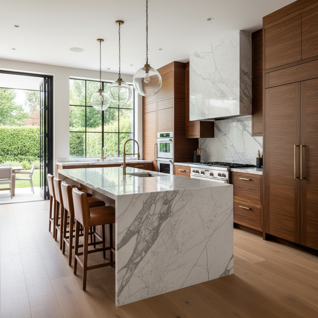 Luxury kitchen with warm wood faux ceiling beams, bright natural light, open airy space