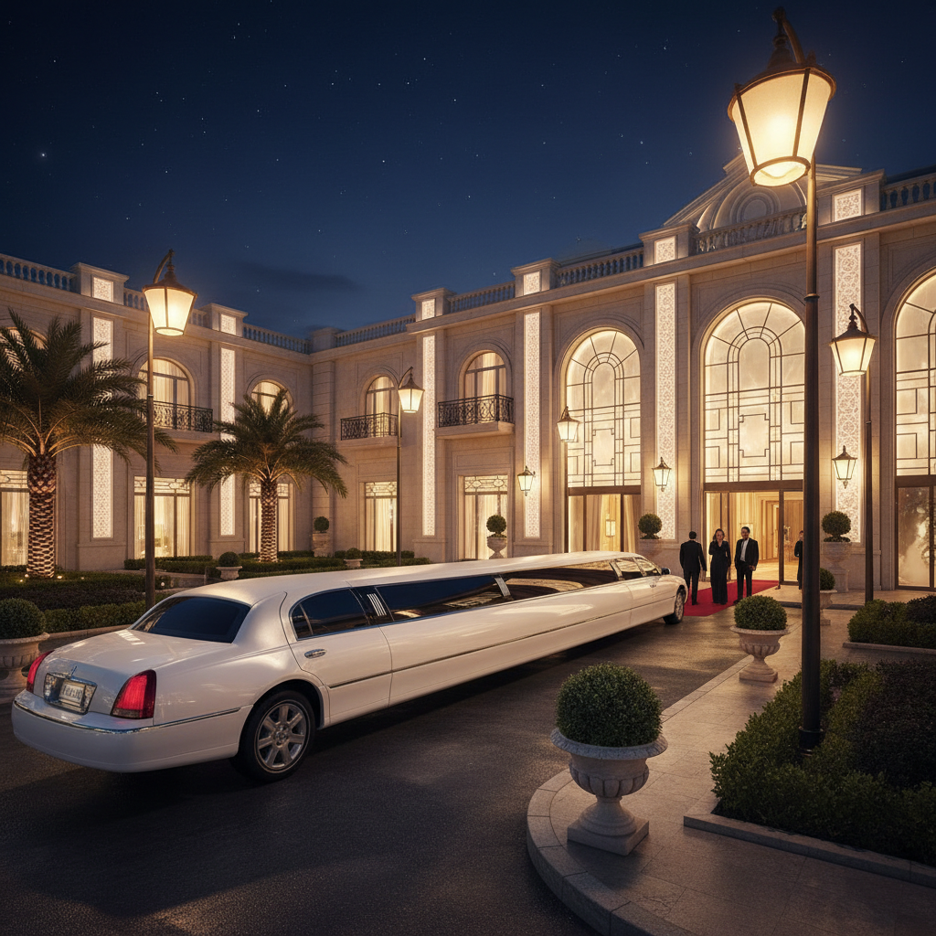 Hummer statement package showing a white Hummer stretch limousine at a nightclub