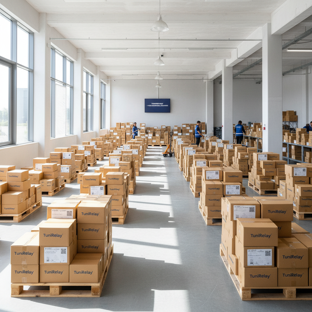 Well-packed moving boxes stacked neatly in a dim warehouse, industrial dark background
