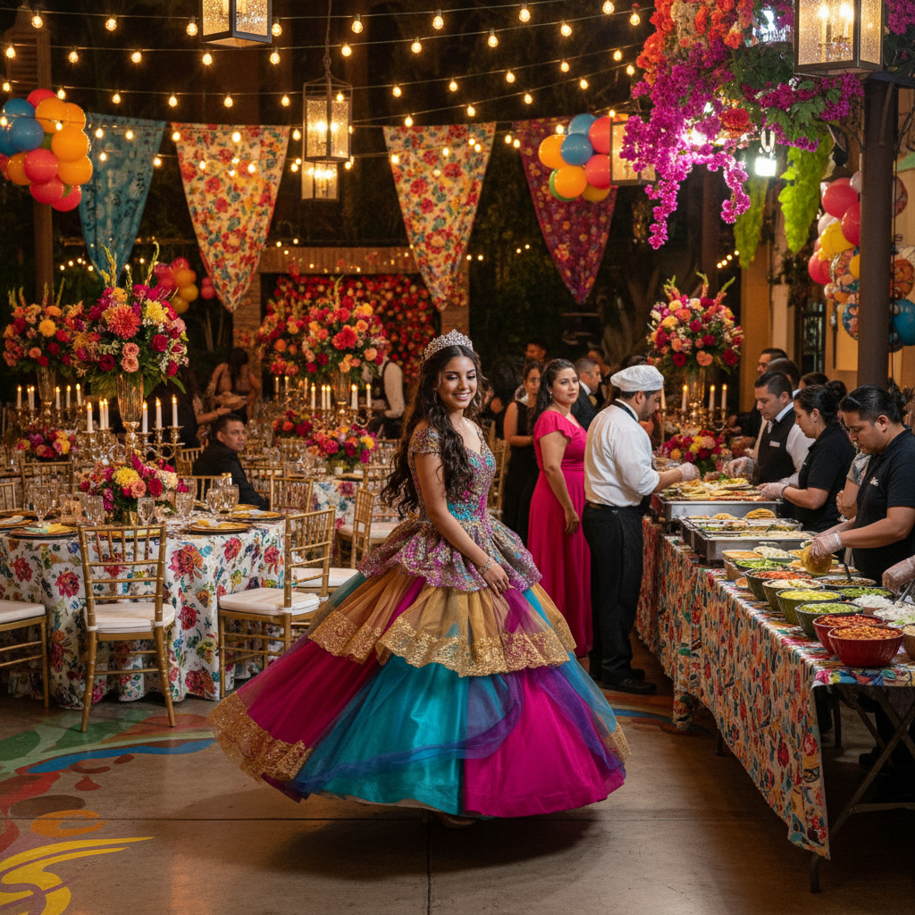 Quinceañera celebration with colorful decorations and taco catering