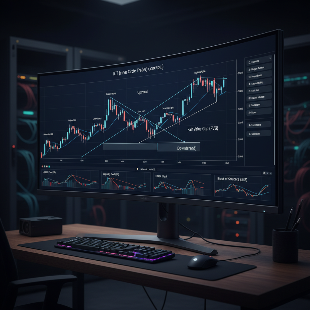Dark trading monitor showing introductory ICT concepts chart with labeled market structure points