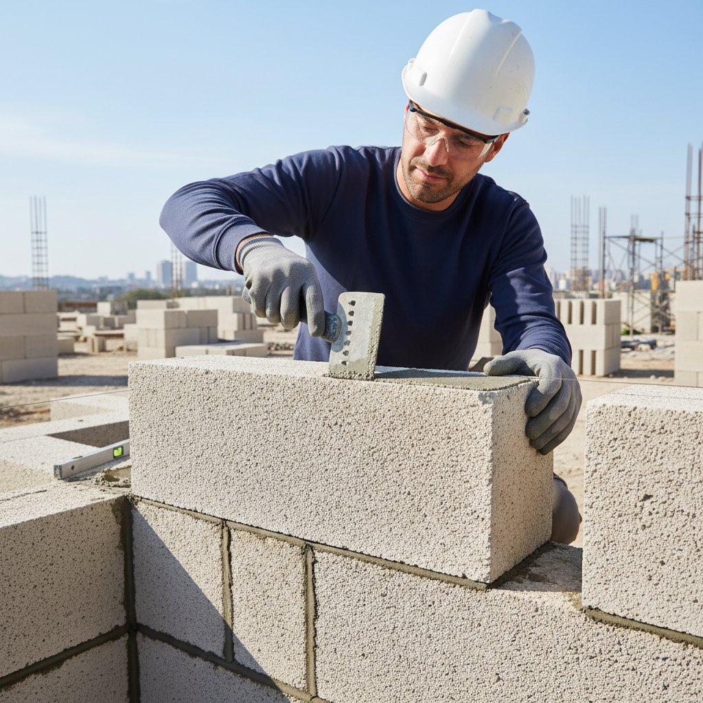 AAC block masonry work at Indian construction site